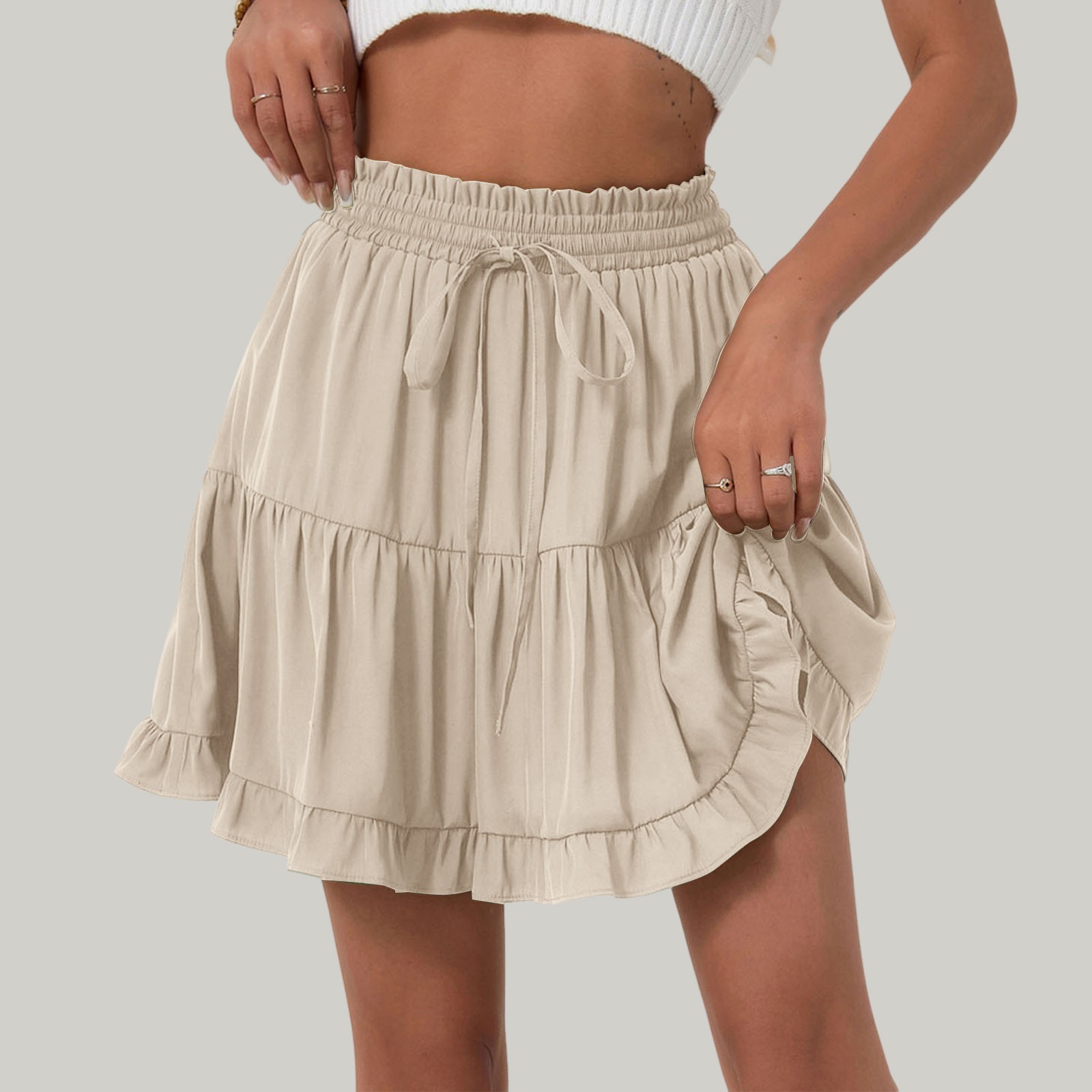 thumbnail image 2 of Falda lisa con cordones para mujer, falda de cintura alta, falda plisada con volantes, 2 of 4